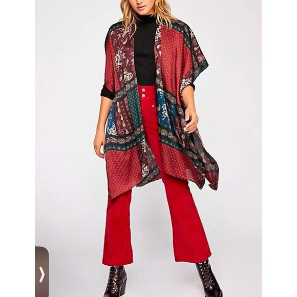 FREE PEOPLE Mon Cheri Silky Patchwork Kimono One Size Boho Red Teal NWOT - Picture 1 of 9